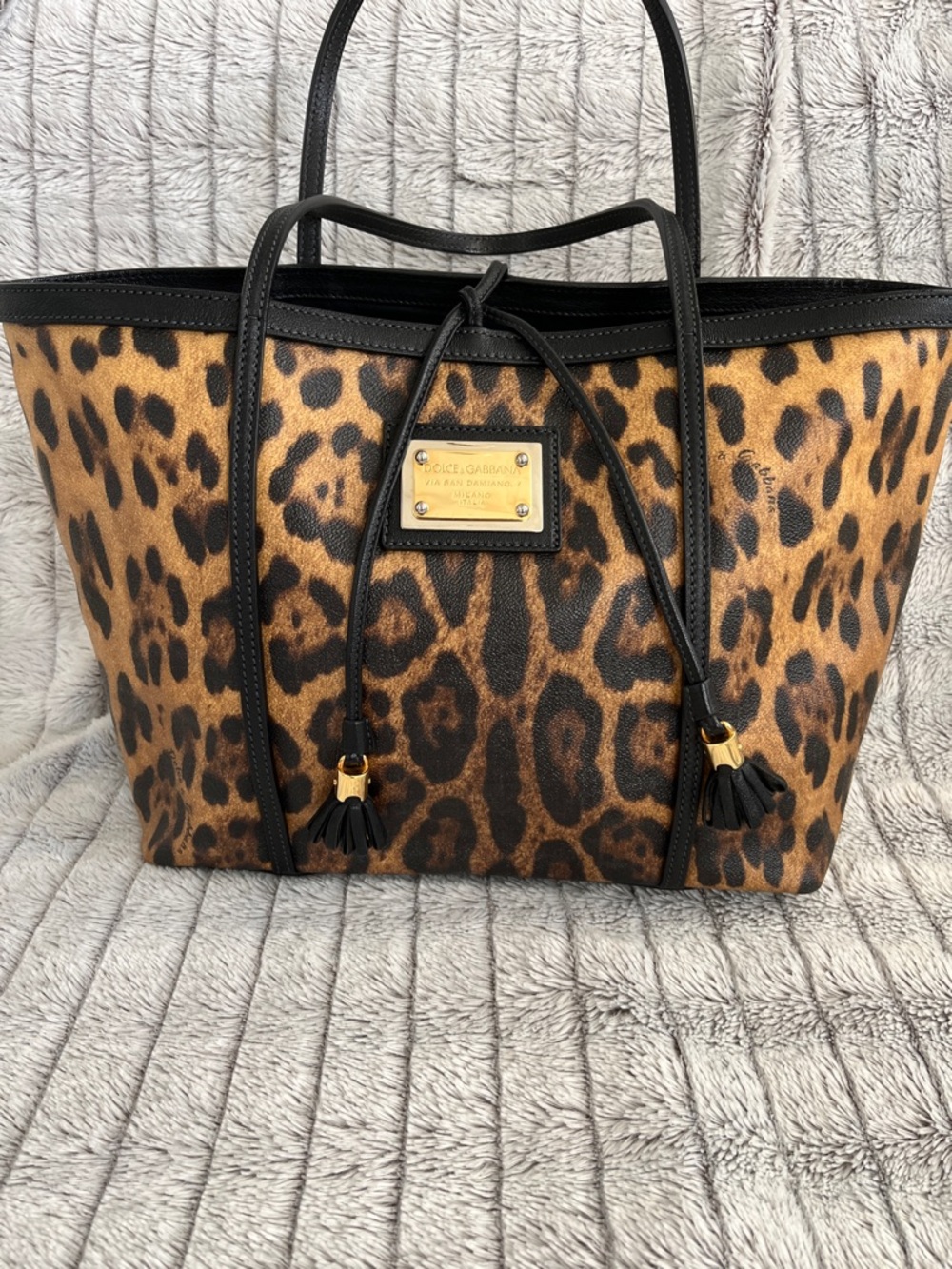 Dolce & Gabbana Leopard-Print Tote with Black Leather Trim and Gold Hardware EUC